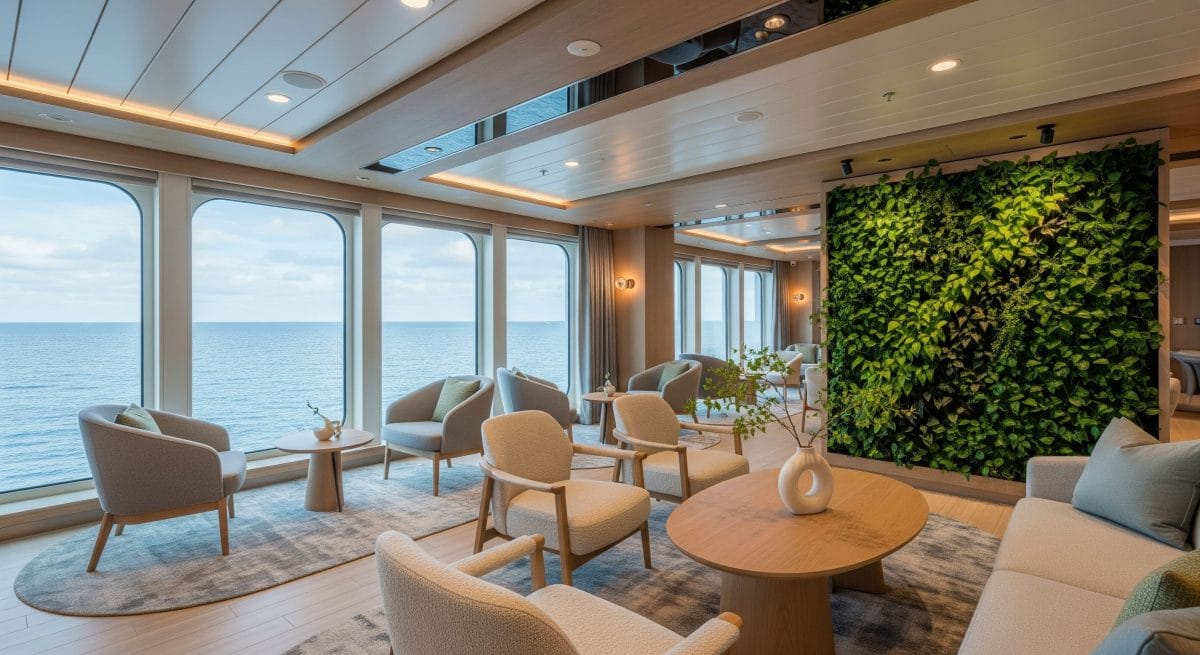 Marine interior biophilic design with panoramic ocean windows and living green wall