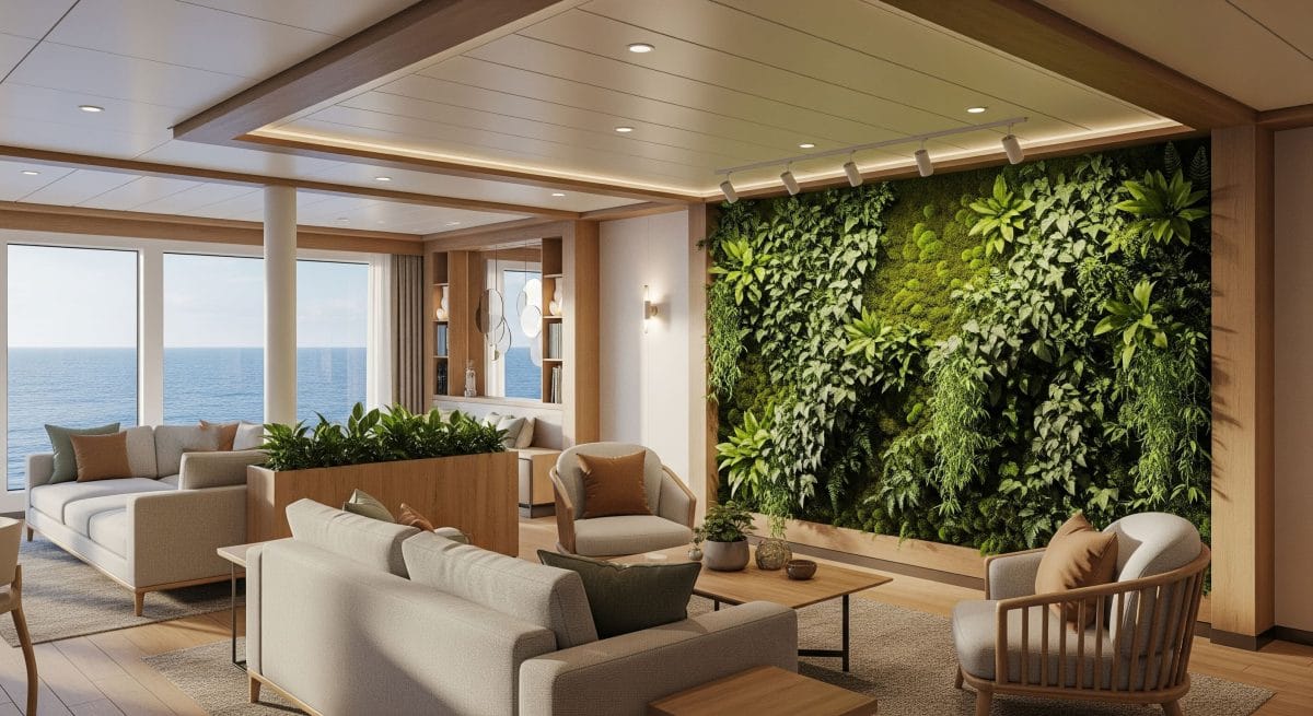 Sustainable marine furniture with modular sofa seating and natural wood finishes