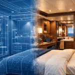 Split view showing ship cabin architectural blueprint transforming into a realistic luxury marine interior, representing turnkey solutions