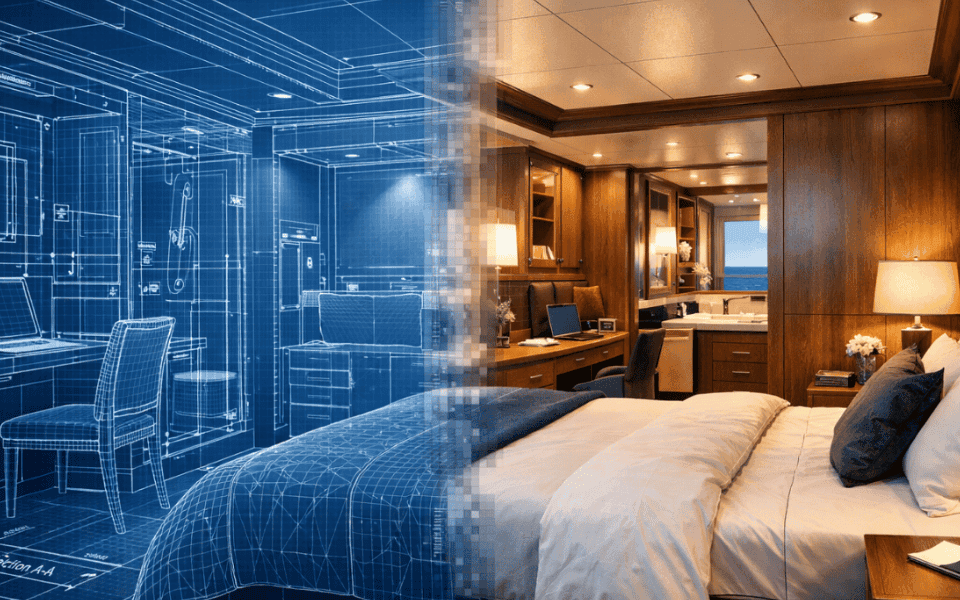 Split view showing ship cabin architectural blueprint transforming into a realistic luxury marine interior, representing turnkey solutions