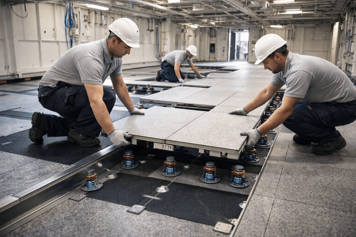 Installation of a floating floor and vibration damping system on a vessel to ensure acoustic comfort in marine interiors.