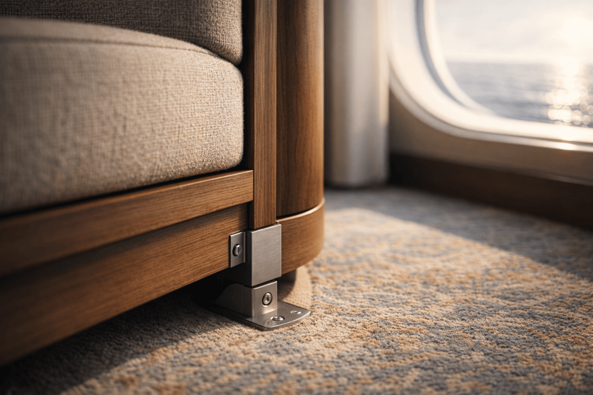 Marine interior outfitting detail by Accomar, featuring secure marine furniture fastening and luxury craftsmanship on board