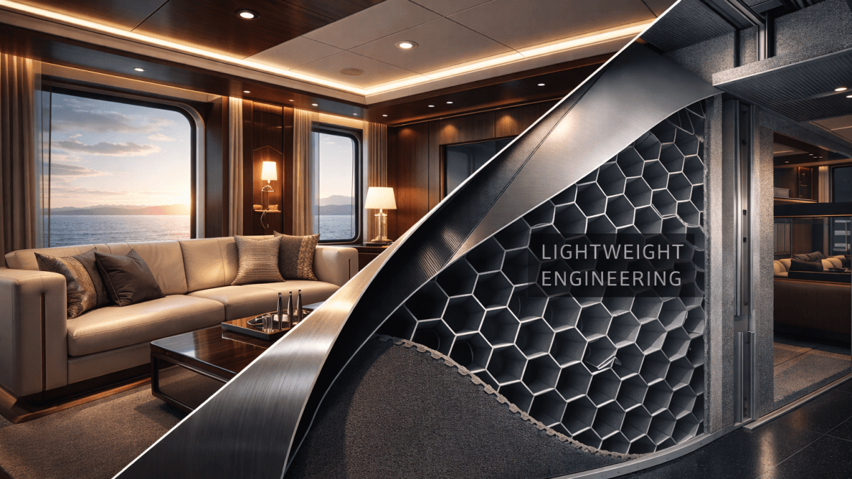 Luxury yacht interior showing lightweight honeycomb panel engineering and cross-section structure