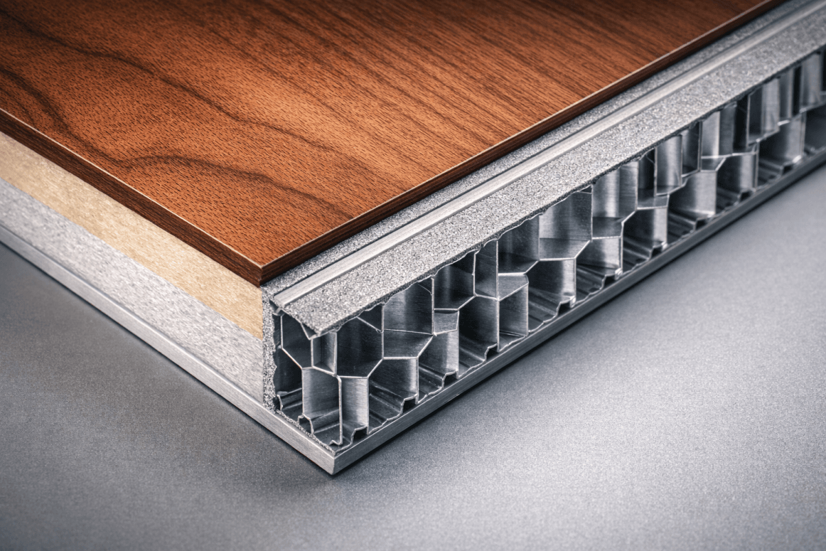 Close-up cross-section of a marine-grade composite panel showing the corrosion-resistant aluminum honeycomb core and wood veneer finish.