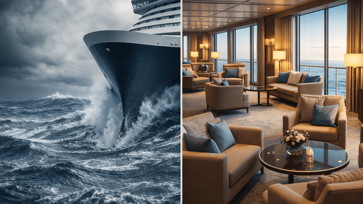 Stormy ocean conditions against a stable, luxurious cruise ship lounge interior, highlighting the contrast between hydrodynamic power and onboard comfort