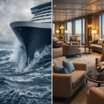 Stormy ocean conditions against a stable, luxurious cruise ship lounge interior, highlighting the contrast between hydrodynamic power and onboard comfort