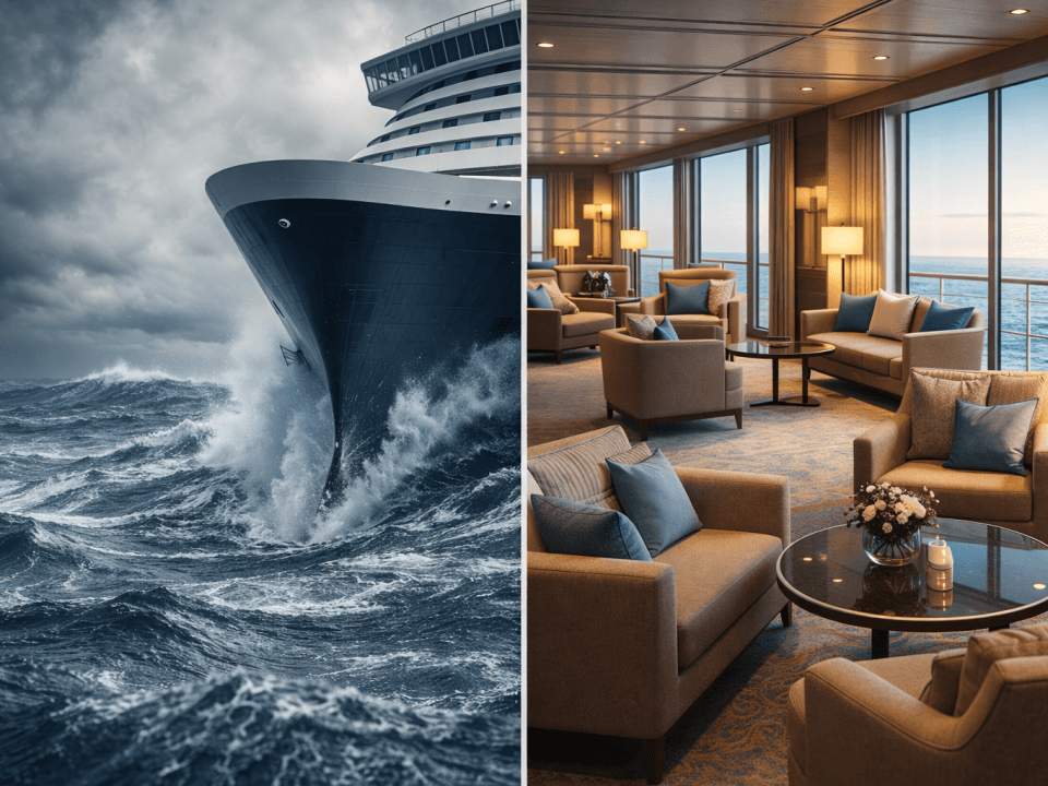 Stormy ocean conditions against a stable, luxurious cruise ship lounge interior, highlighting the contrast between hydrodynamic power and onboard comfort