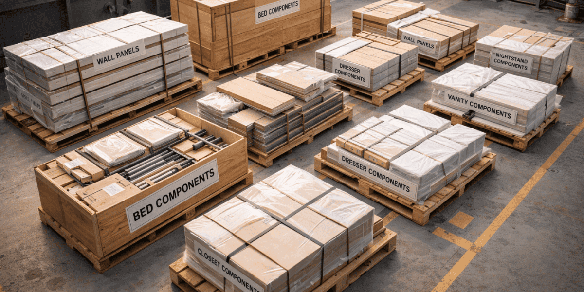 Organized marine interior supply chain with IMO-compliant wall panels and furniture ready for onboard installation