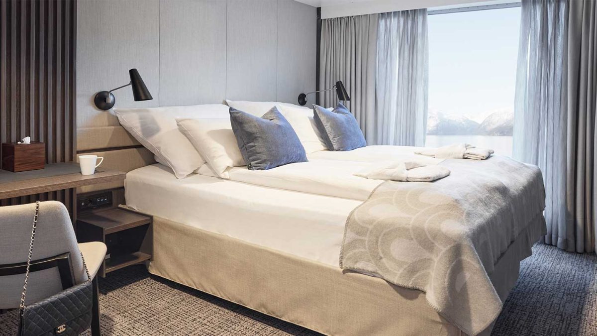Accomar Luxury Cruise Ship Bedroom Interior With Modern King Size Bed And Sea View