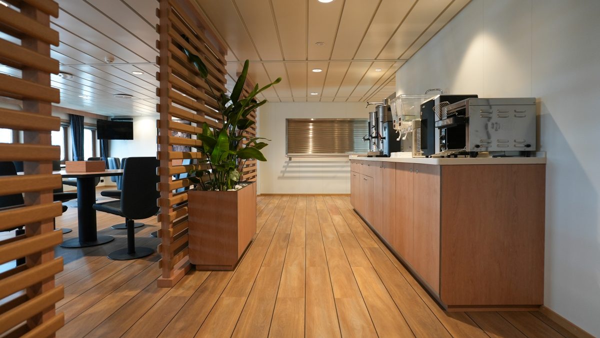 Accomar Marine Crew Mess Room Coffee Station And Wood Divider